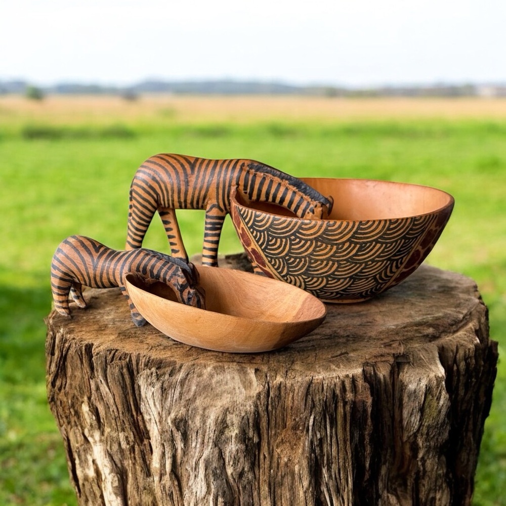Hand Carved Wooden Zebra Bowl - Unique African Decorative Art